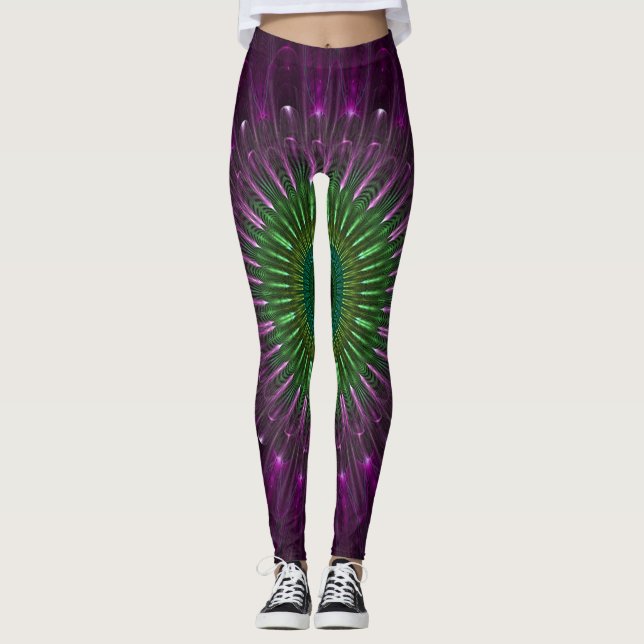 Purple and Green Fractal Illusion Leggings (Front)