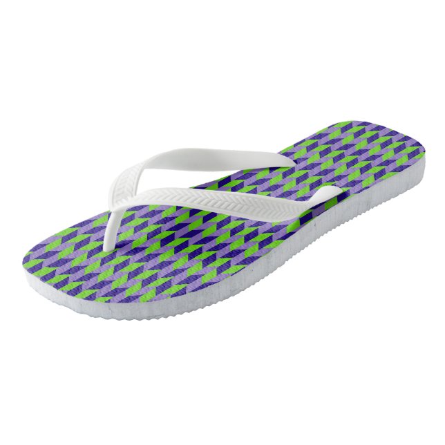 Purple and Green Geometric Pair of Flip Flops (Angled)