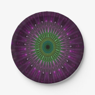 Purple and Green Glass Floral Fractal Paper Plate