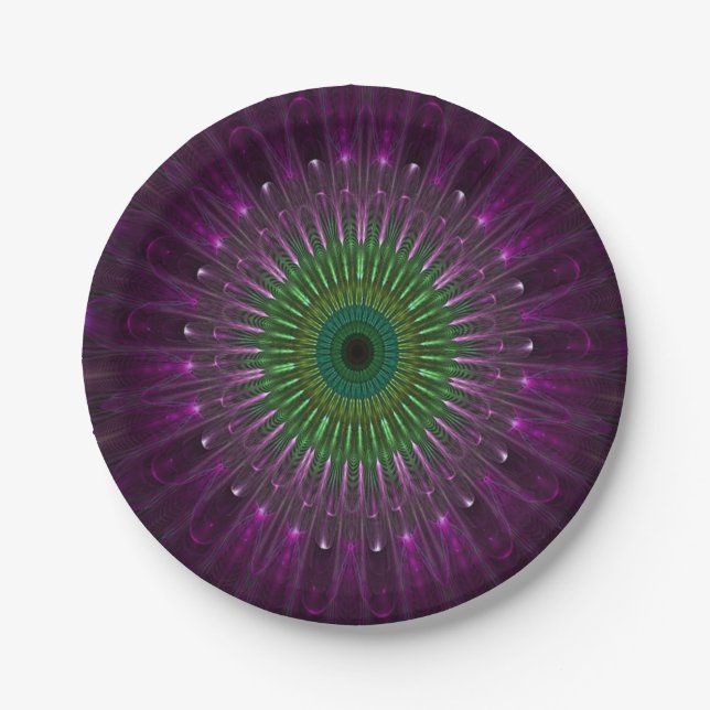 Purple and Green Glass Floral Fractal Paper Plate (Front)