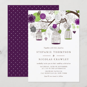 Purple and Green Hanging Birdcages Wedding Invitation