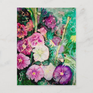 Purple and Green Hollyhocks Watercolor Painting Postcard