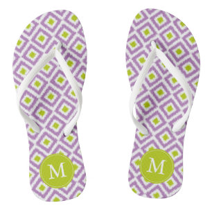 Purple and Green Ikat Pattern Monogrammed Thongs