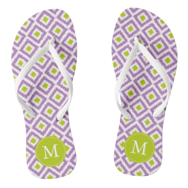 Purple and Green Ikat Pattern Monogrammed Thongs (Footbed)