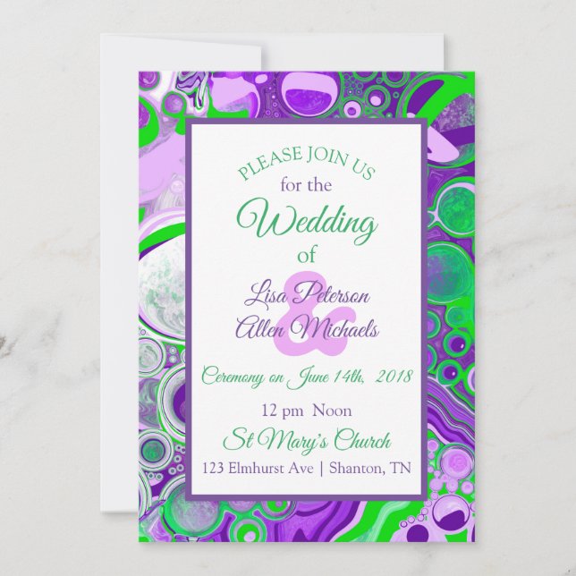 Purple and Green Marble Fluid Art Invitation (Front)