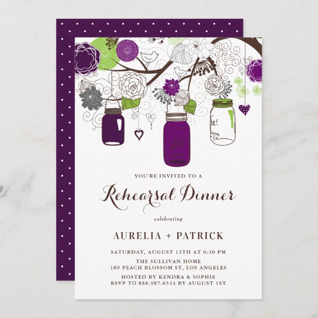 Purple and Green Mason Jars Rehearsal Dinner Invitation (Front/Back)