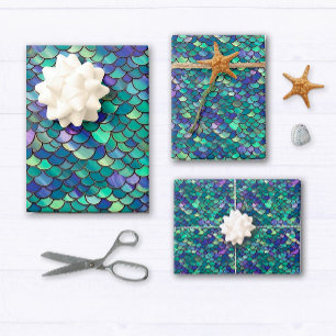 Purple and Green Mermaid Scales Wrapping Paper Sheet