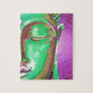 Purple and Green Mosaic Buddha Face Jigsaw Puzzle