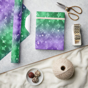 Purple and Green Ombre Glitter Celestial Pattern Wrapping Paper