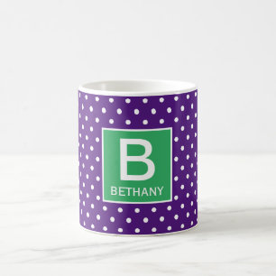 Purple and Green (or Custom Colour) Monogram Dotty Coffee Mug