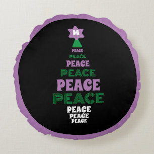 Purple and Green Peace Christmas Tree Initial Round Cushion