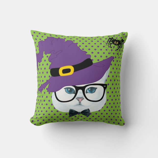 Purple and Green Polka Dot Halloween Cat Pillow (Front)