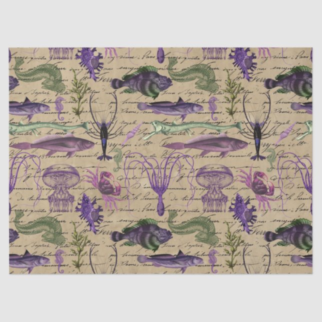 Purple and Green Sea Creatures on Tan Decoupage Tissue Paper (Front)