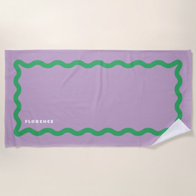 Purple and Green Squiggle with Text Beach Towel (Front)