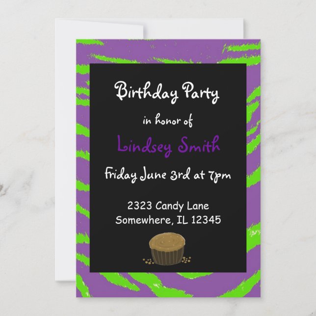 Purple and Green Tiger Stripes Birthday Invitation (Front)