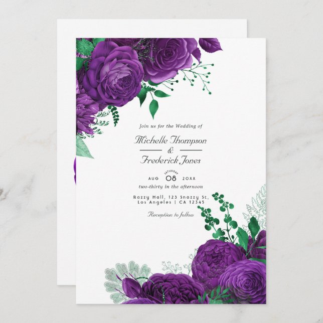 Purple and Green Watercolor Floral Wedding Invitation (Front/Back)