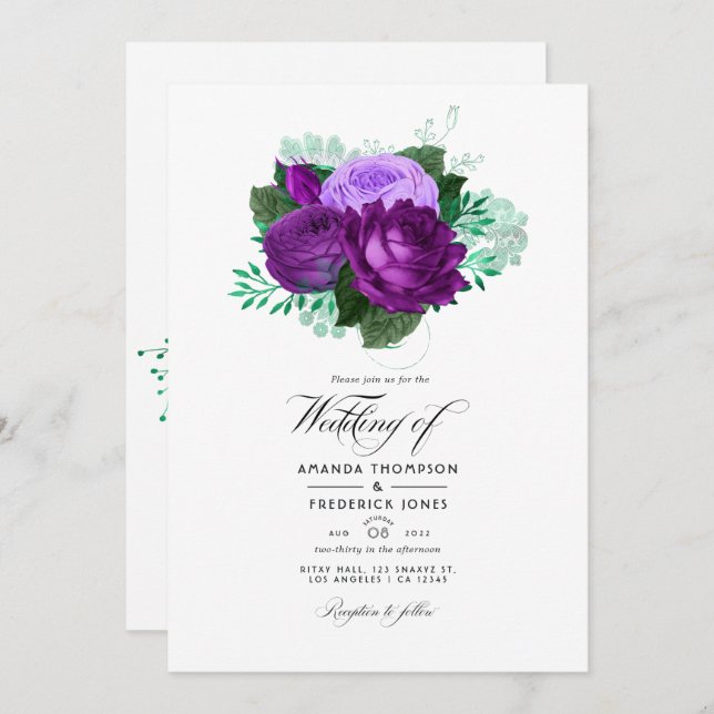 Purple and Green Watercolor Floral Wedding Invitation (Front/Back)
