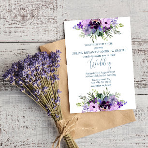Purple and green watercolour Floral wedding Invitation