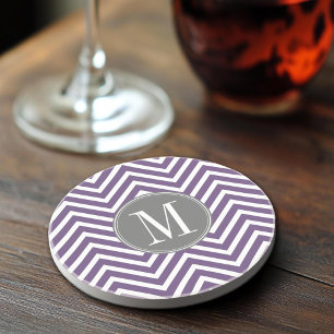 Purple and Grey Chevron Pattern with Monogram Coaster
