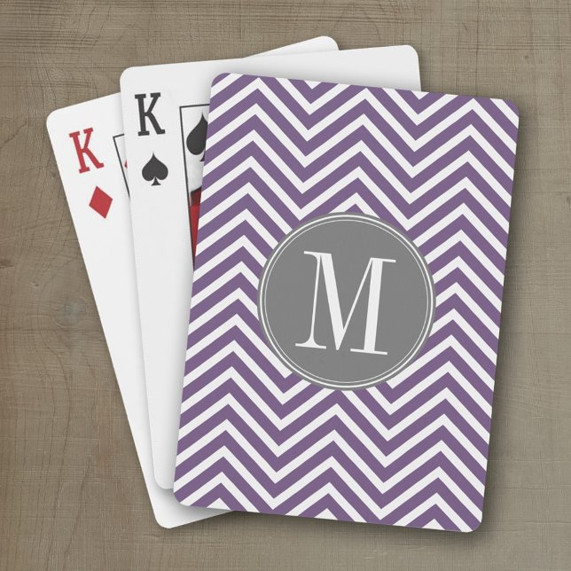 Purple and Grey Chevron Pattern with Monogram Playing Cards (Personalized playing cards with an area for text such as a name or monogram)