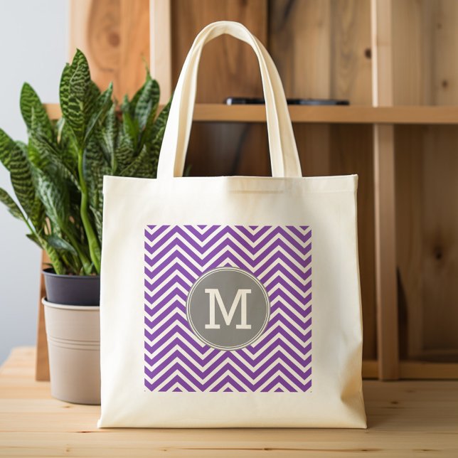 Purple and Grey Chevron Pattern with Monogram Tote Bag (Personalized tote bag with chevrons and monogram)