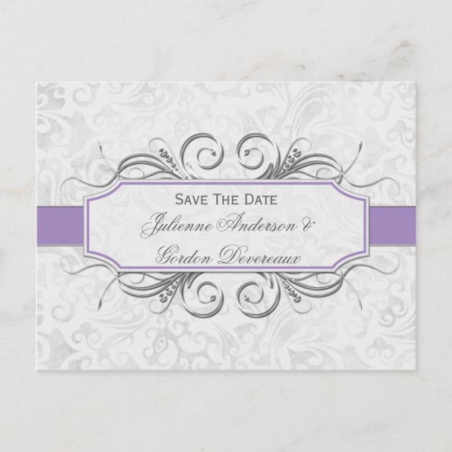 Purple and Grey Damask Save The Date Announcement Postcard (Front)
