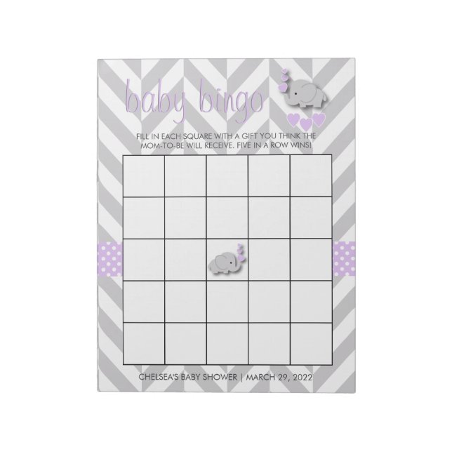 Purple and Grey Elephant Baby Shower Bingo Game Notepad (Rotated)