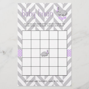 Purple and Grey Elephant Baby Shower Bingo Stationery