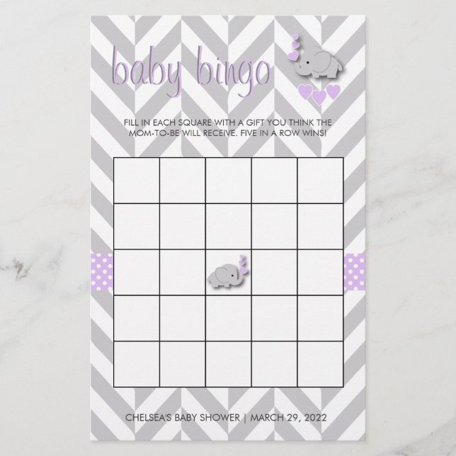 Purple and Grey Elephant Baby Shower Bingo Stationery (Front)