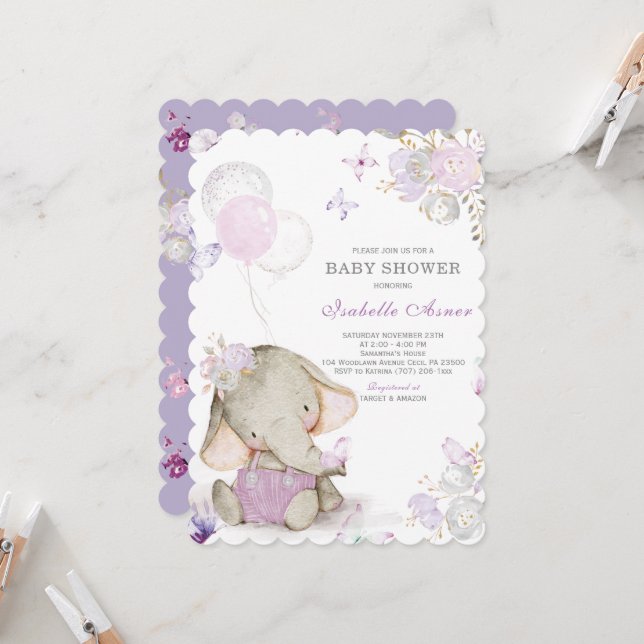Purple and Grey Elephant Baby Shower decorations Invitation (Front/Back In Situ)