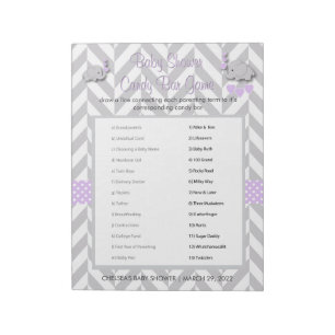 Purple and Grey Elephant Baby Shower Game Notepad