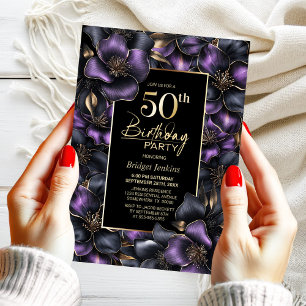 Purple and Grey Floral 50th Birthday Party Invitation