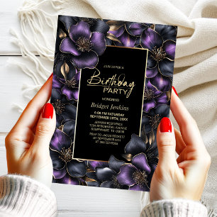 Purple and Grey Floral Any Age Birthday Party Invitation