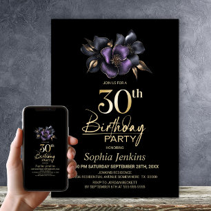 Purple and Grey Floral Black 30th Birthday Party Invitation