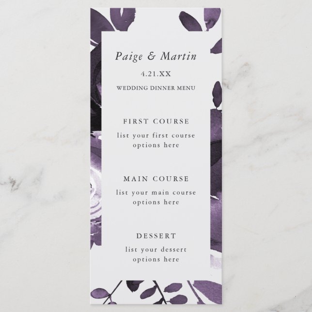 Purple and Grey Floral Wedding Menu Card (Front)