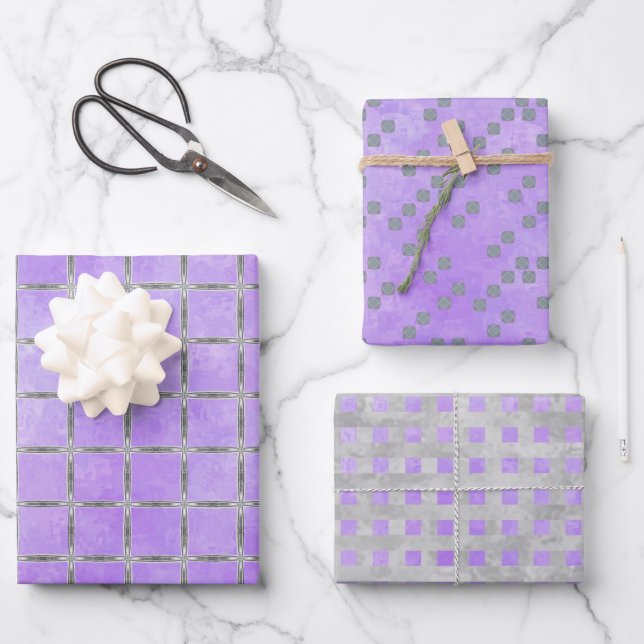 Purple and Grey Geometric Wrapping Paper Sheet (Front)
