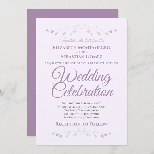 Purple and Grey Simple Elegant Wedding Invitation (Front/Back)