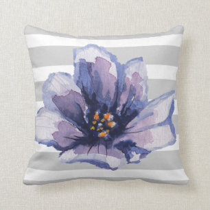 Purple and Grey Striped Watercolor Floral Pillow