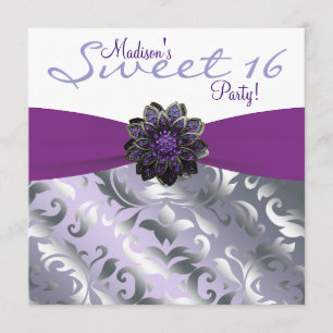 Purple and Grey Sweet 16 Birthday Party Invitation