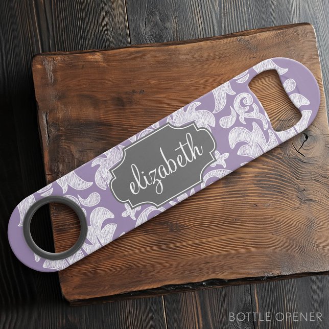 Purple and Grey Vintage Damask Pattern Monogram (Custom Bar Key)