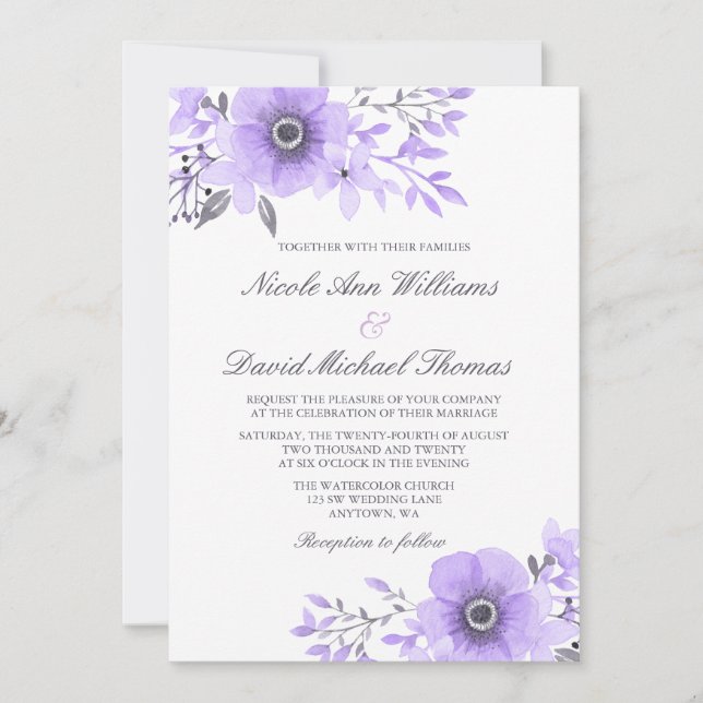 Purple and Grey Watercolor Anemone Wedding Invitation (Front)