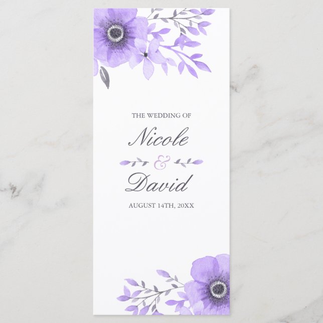 Purple and Grey Watercolor Floral Wedding Program (Front)