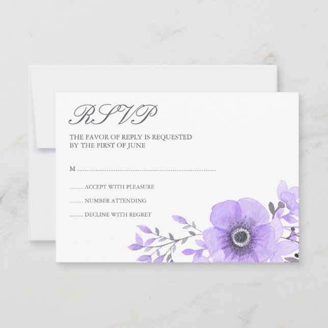 Purple and Grey Watercolor Floral Wedding RSVP Card (Front)