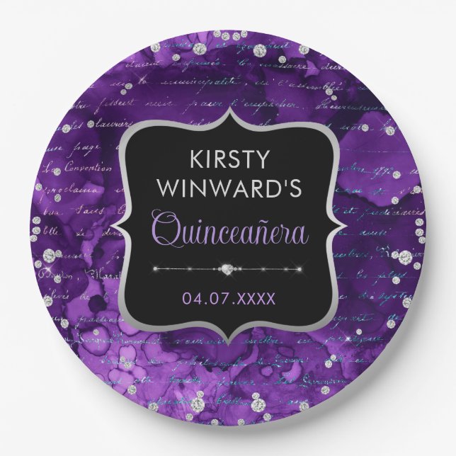 Purple and Iridescent Glitter Letters Quinceanera Paper Plate (Front)
