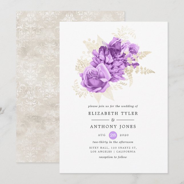 Purple and Ivory Floral Wedding Invitation (Front/Back)