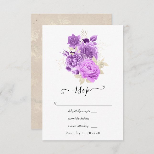 Purple and Ivory Floral Wedding RSVP Card (Front/Back)