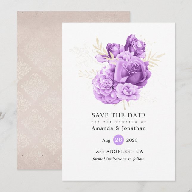 Purple and Ivory Floral Wedding Save The Date (Front/Back)