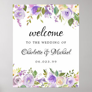 Purple and Ivory Floral Wedding Welcome Sign
