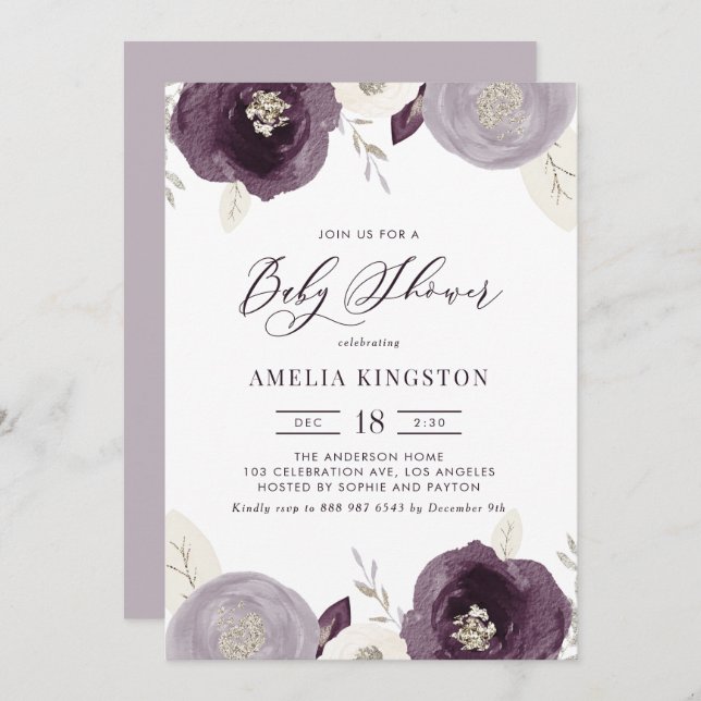 Purple and Ivory Flowers Silver Foil Baby Shower Invitation (Front/Back)