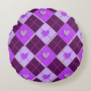 Purple And Lavender Argyle Hearts Round Cushion